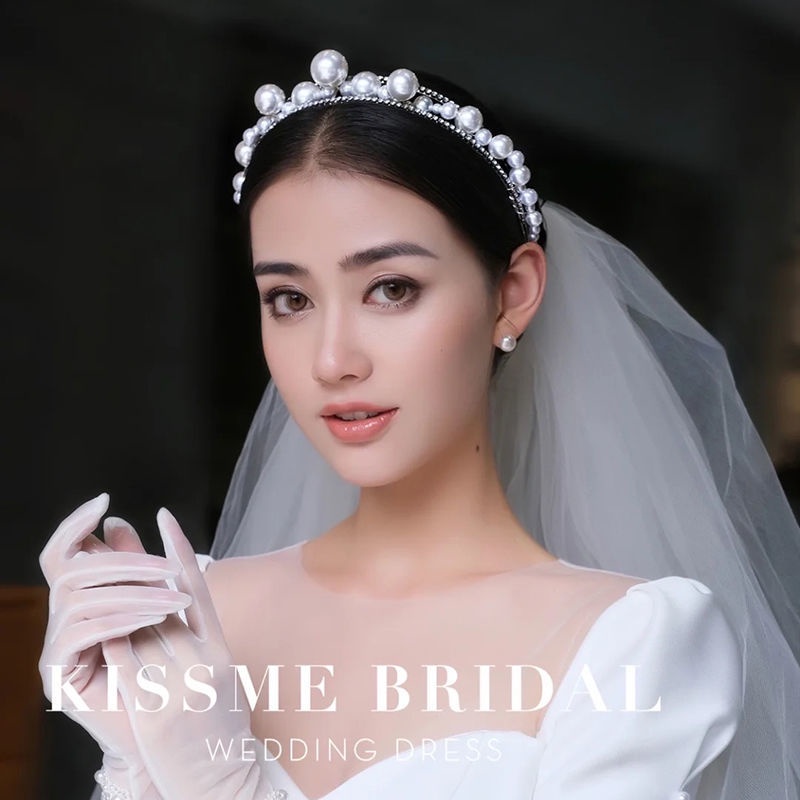 Băng đô cài tóc hai lớp đính ngọc trai kim cương phong cách Retro Hàn Quốc cho cô dâu