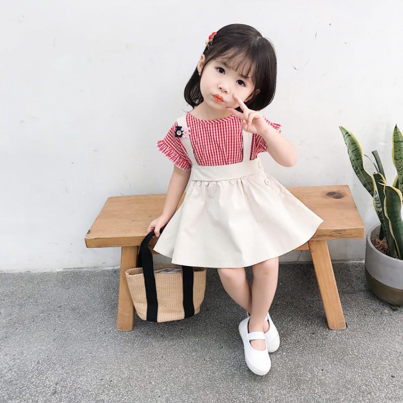 Set áo sơ mi ngắn tay + chân váy caro đính nơ dễ thương cho bé gái