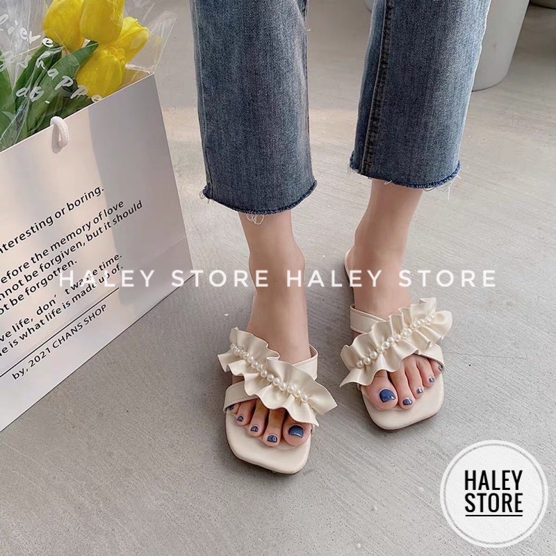 Dép nữ đế bệt quai chéo nhún bèo ngọc hot trend 2021 HALEY STORE