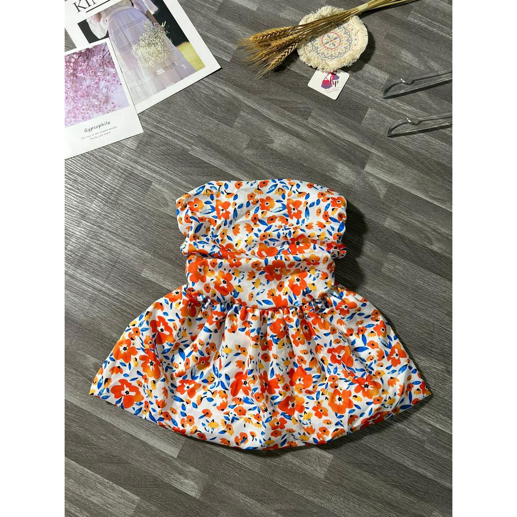 Áo ống form bí in hoa, áo nữ cúp ngực không mút 2 lớp peplum G64