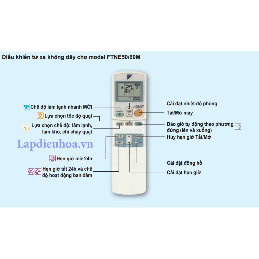 REMOTE máy lạnh, dành cho máy lạnh DAIKIN - 1 nút viền xanh