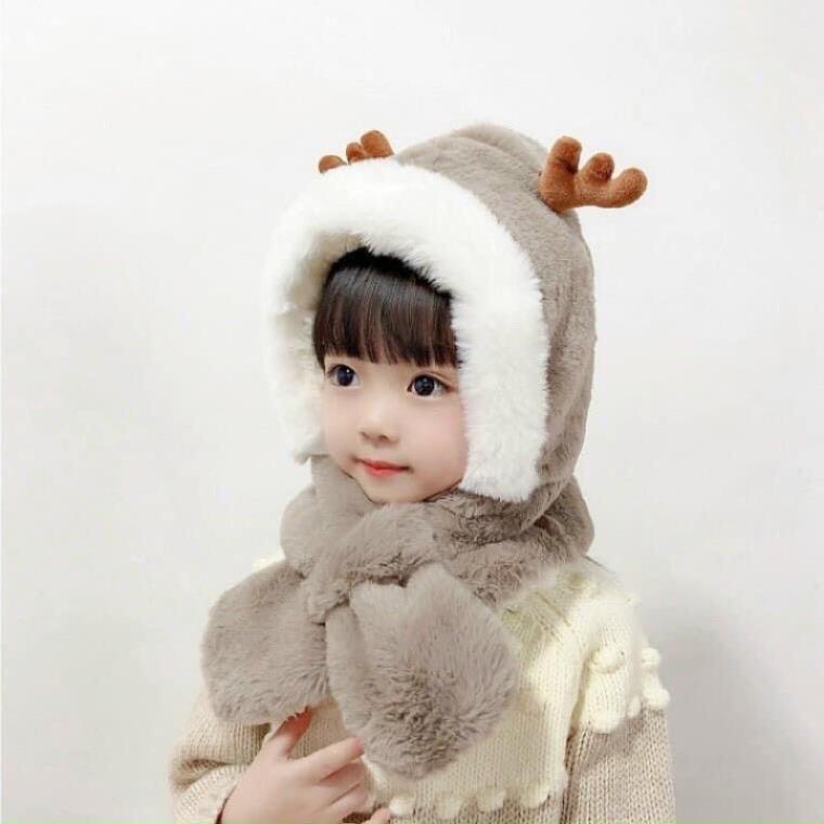 Khăn Mũ Lông Cừu  Giữ Nhiệt -Mũ lông cừu tai tuần lộc kèm khăn quàng cổ Hàn Quốc cho bé mùa thu đông*