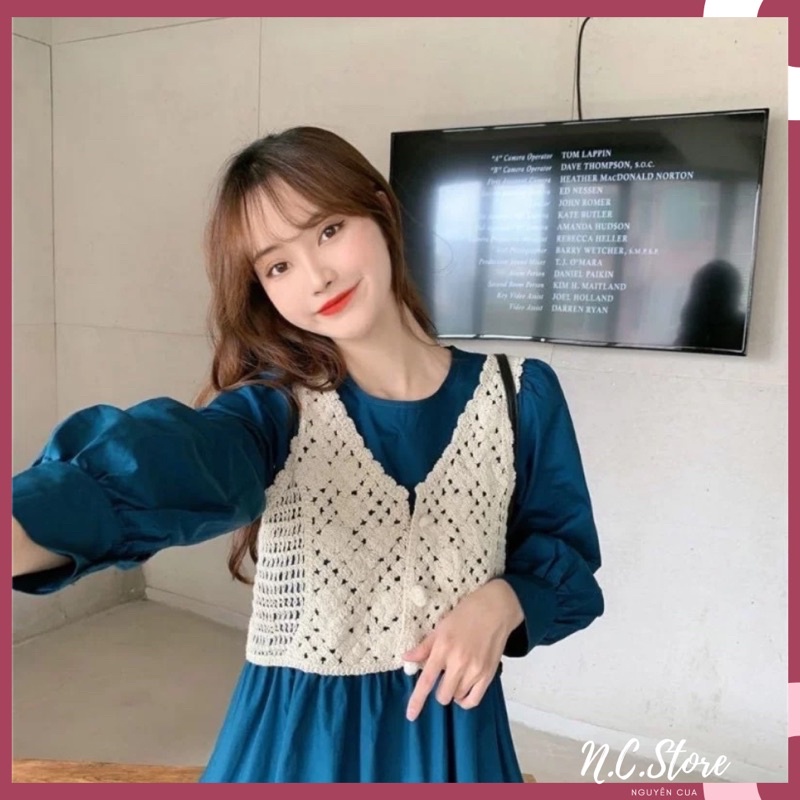 Áo Khoác Gile Len Đan Lưới Croptop 3 Cúc Tròn
