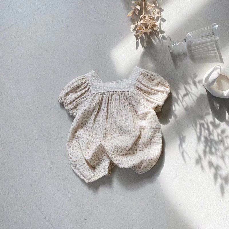 Bộ Áo Liền Quần Cổ Vuông Tay Ngắn Phối Ren Hoa Kiểu Công Chúa Dễ Thương Thời Trang Mùa Hè Cho Bé Gái