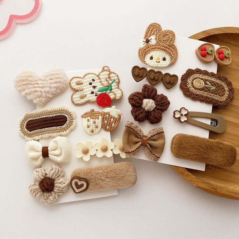 Set 8 Kẹp Tóc Đan Len Họa Tiết Hoạt Hình Màu Cà Phê / Sữa Phong Cách Hàn Quốc Xinh Xắn Cho Bé Gái