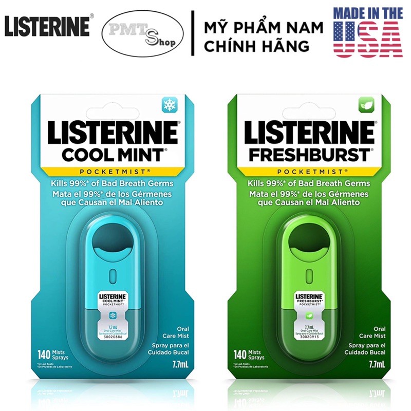 Set 2 chai Xịt Thơm Miệng Listerine 7.7ml Cool Mint 140 lần xịt bỏ túi tiện lợi