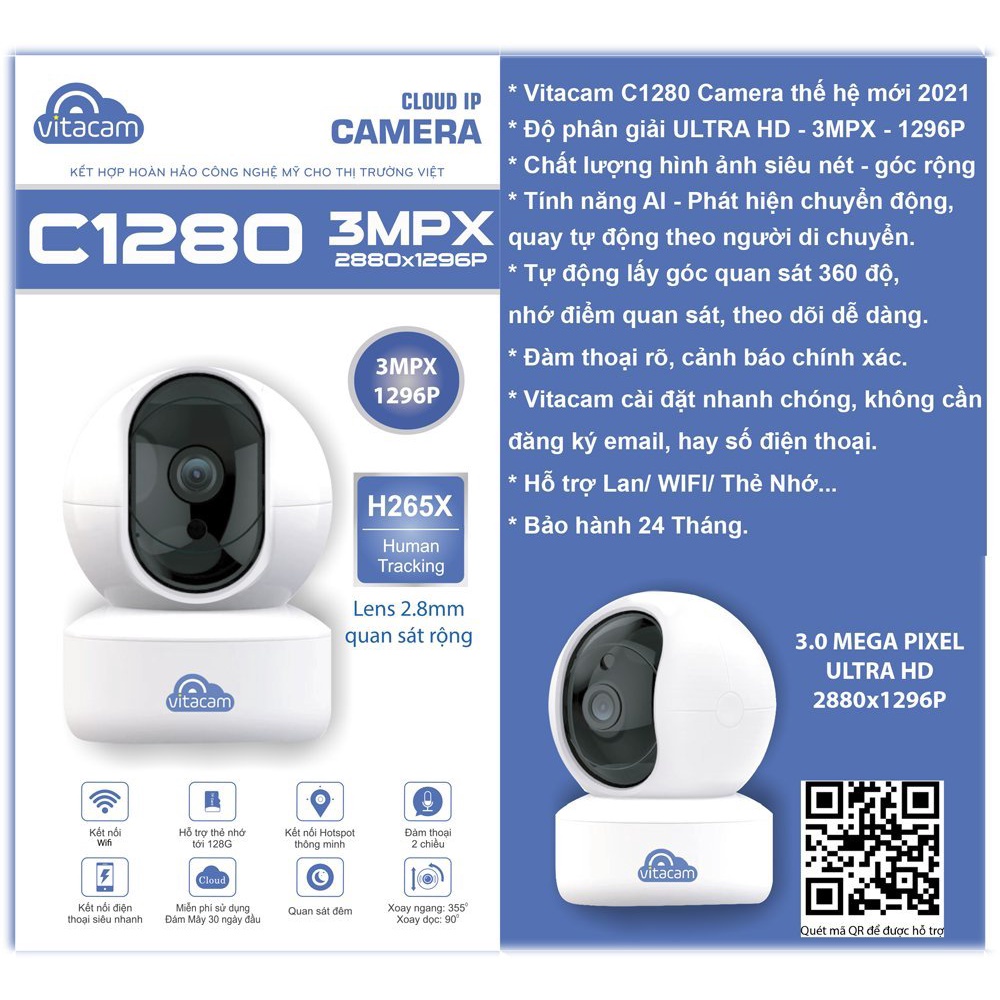 Camera Thông Minh Ip Wifi Vitacam C1280 - 3.0Mpx Full HD 1296P Chuẩn H265X - Bảo Hành Chính Hãng 24 Tháng. | BigBuy360 - bigbuy360.vn