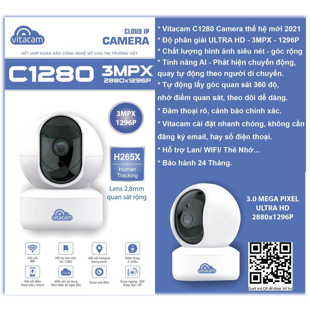 Camera Thông Minh Ip Wifi Vitacam C1280 - 3.0Mpx Full HD 1296P Chuẩn H265X - Bảo Hành Chính Hãng 24 Tháng. | WebRaoVat - webraovat.net.vn