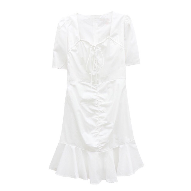 🦩🦩[Hàng order Taobao giống hình] Đầm dáng ôm body màu trắng trơn đuôi cá cổ vuông ngắn tay rút dây ngực [HTB2451CS]