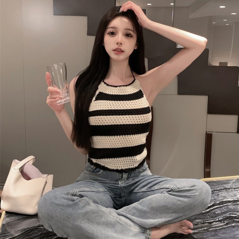 Áo Hai Dây Dệt Kim Kẻ Sọc Thoáng Khí Phong Cách Hàn Quốc