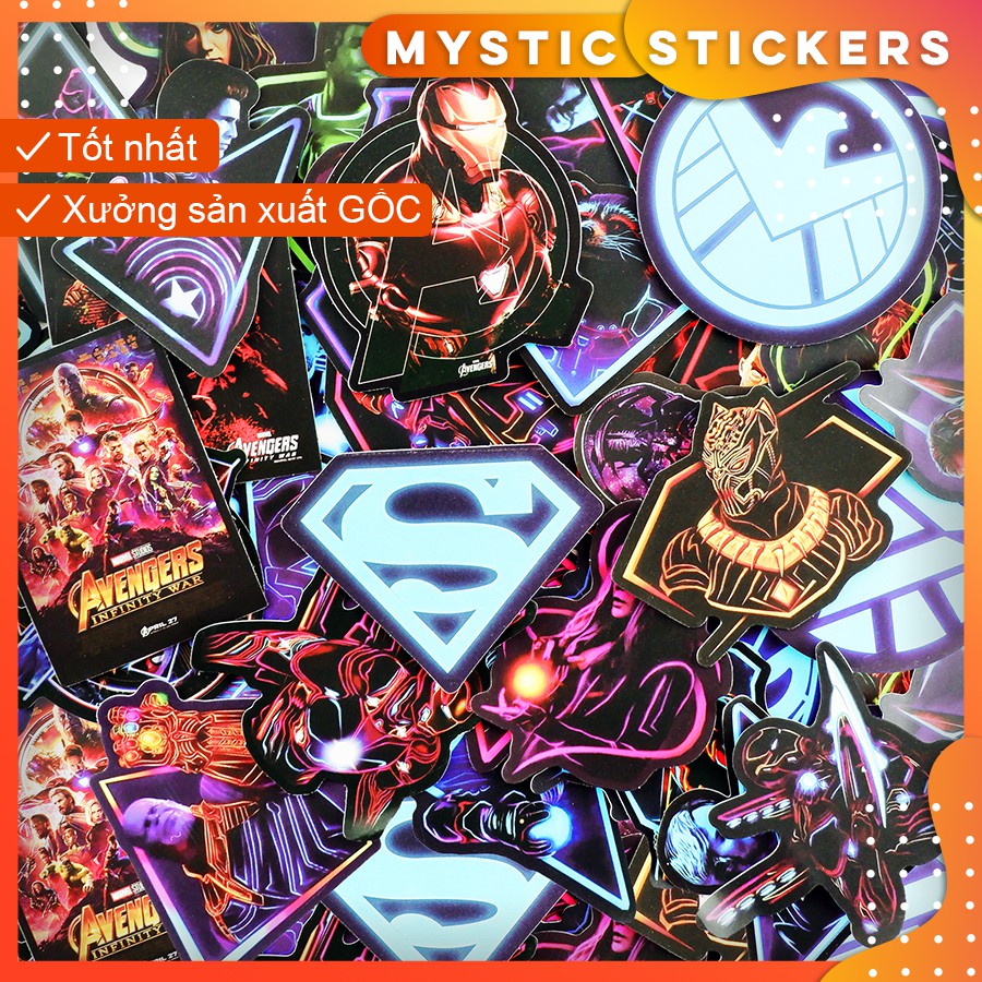 [SIÊU ANH HÙNG MARVEL NEON] 48 Sticker chống nước/trang trí dán xe laptop mũ bảo hiểm vali...