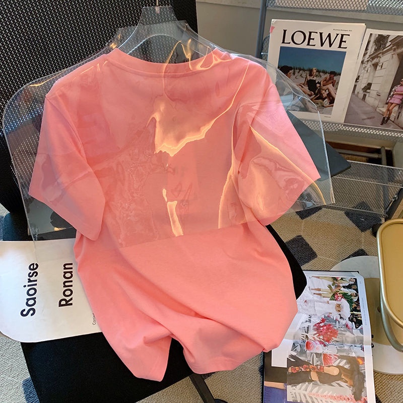 Áo Thun Nữ Ngắn Tay In Hình Trái Tim Màu Hồng Dễ Thương