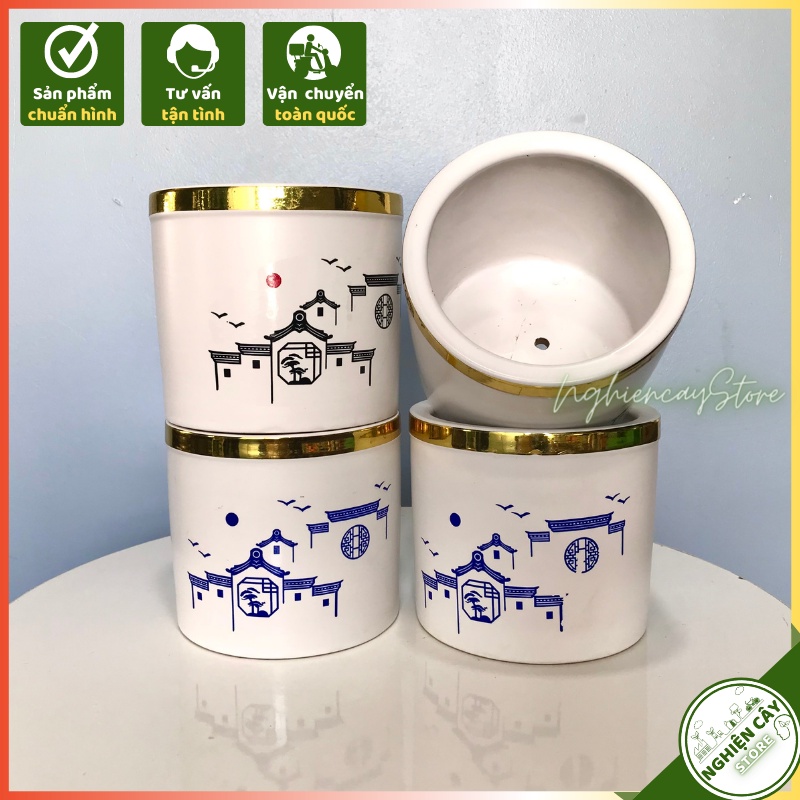 Chậu gốm họa tiết, bo miệng viền vàng trồng cây cảnh để bàn, xương rồng, sen đá