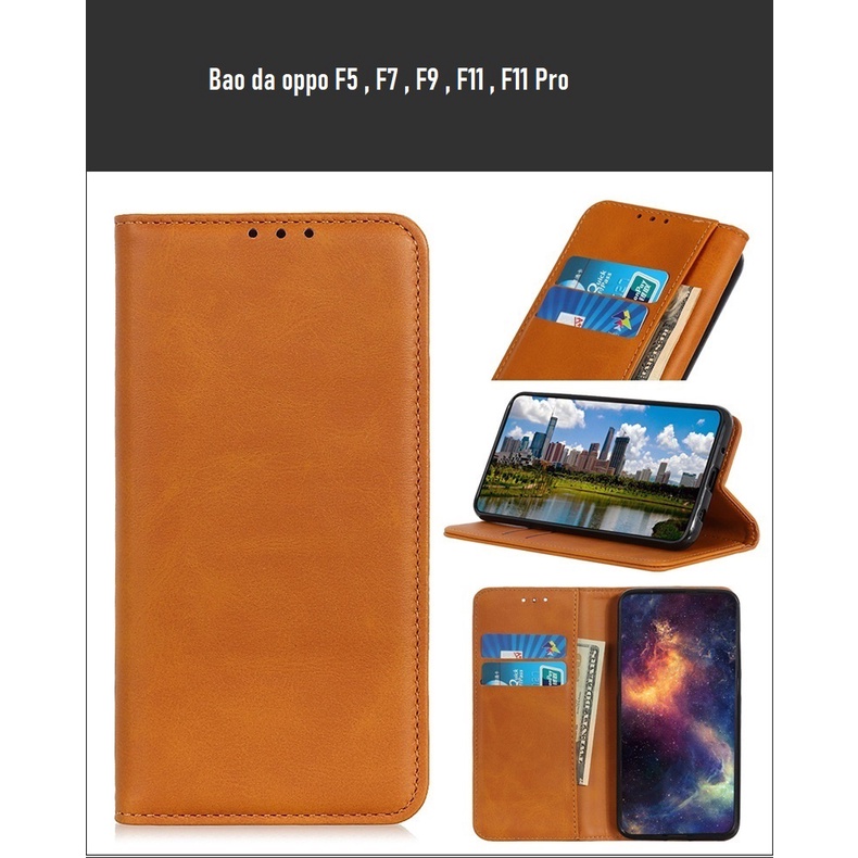 Bao da nắp gập điện thoại Oppo F5 , F7, F9 , F11 , F11 Pro dạng ví nắp gập có ngăn chứa thẻ, may viền cao cấp