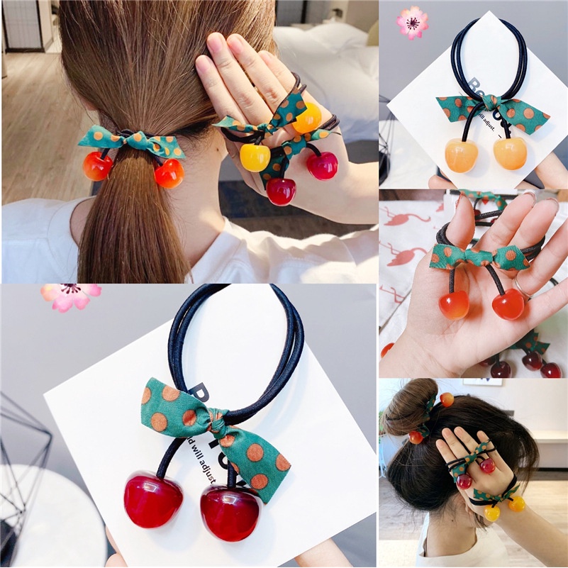 Dây buộc tóc hình quả cherry phối nơ thời trang xinh xắn