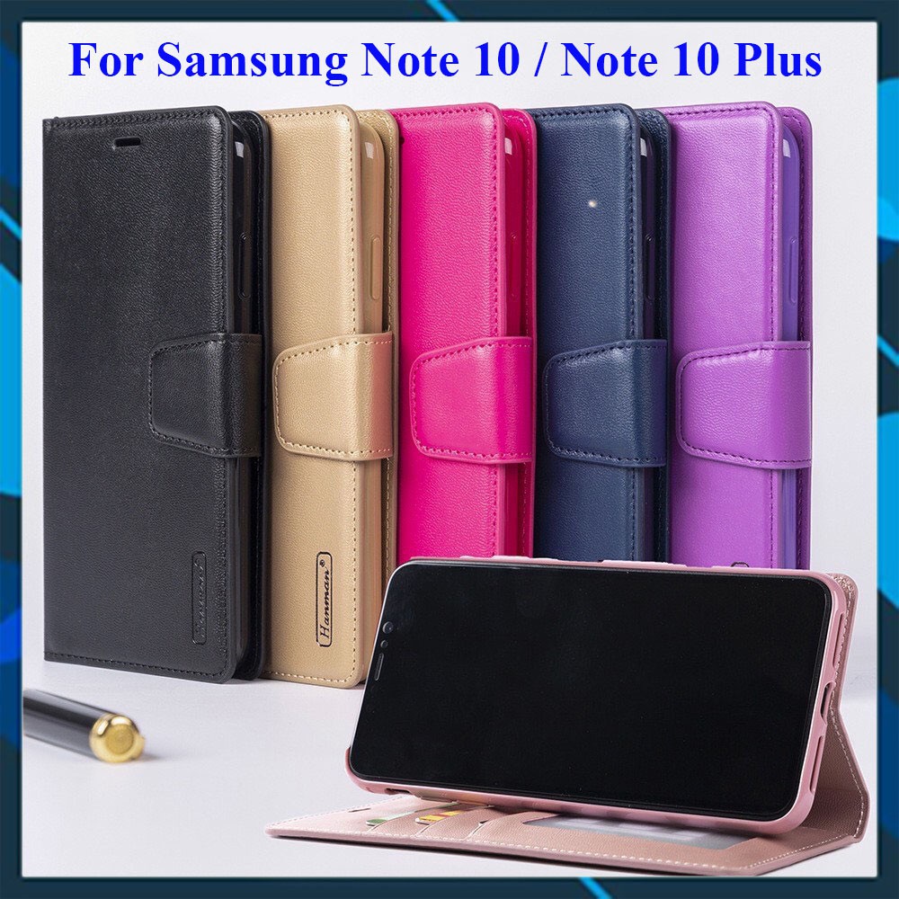 Bao da dạng ví Samsung Galaxy Note 10, Note 10 Plus hiệu Hanman cao cấp, ngăn đựng thẻ ATM tiền tiện lợi