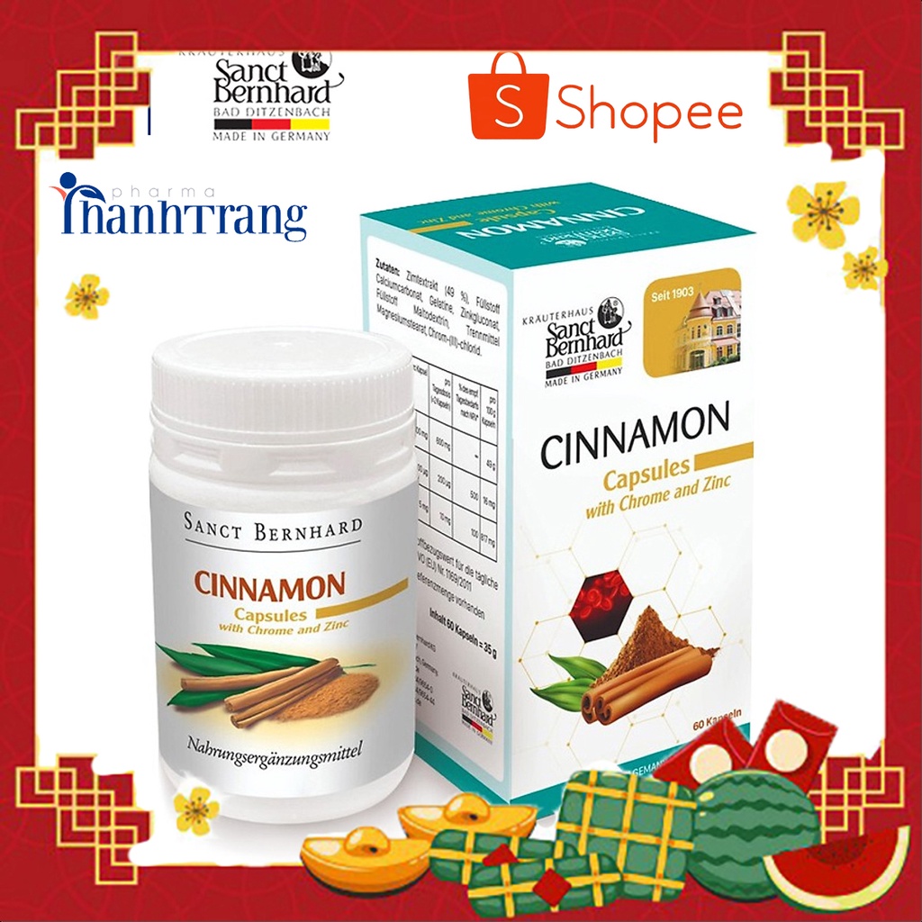 Viên uống Cinnamon Capsules hỗ trợ điều trị tiểu đường, chuyển hóa Glucose - Chính hãng Sanct Bernhard - Đức 60 viên