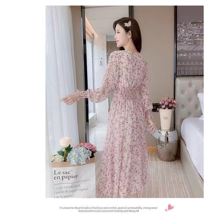 Váy hoa nhí xuất xứ Quảng Châu xuân thu mới, tay dài, cổ V,chun eo, cạp cao, phiên bản Hàn Quốc