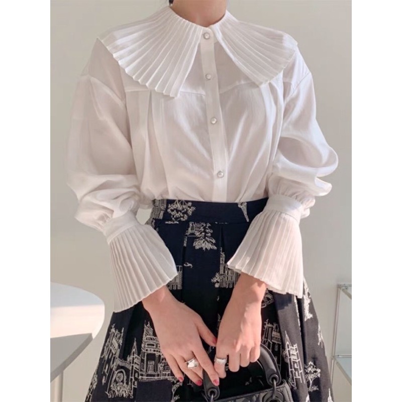 Áo sơ mi loại 1 order Quảng Châu chuẩn shop Chic cổ xếp ly siêu sang chảnh