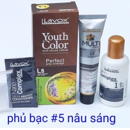 Nhuộm Phủ Bạc Lavox Youth &amp; Color Hair Color Cream 60ml x 2 .#L5 Light Brown Nâu Sáng