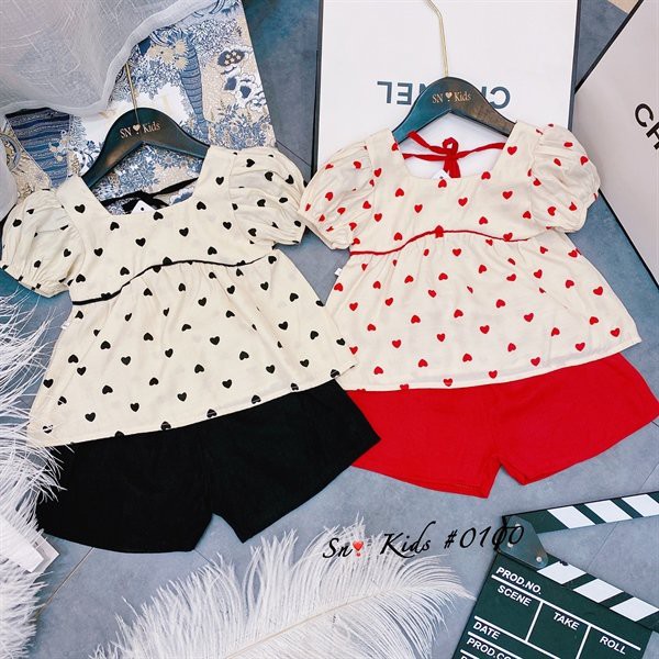 Bộ Đồ Bé Gái 🎀 𝑺𝑰𝑬̂𝑼 𝑿𝑰𝑵𝑯 🎀 Họa Tiết Trái Tim Chất Đũi Mềm Mát Mùa Hè (Size 8-22kg)