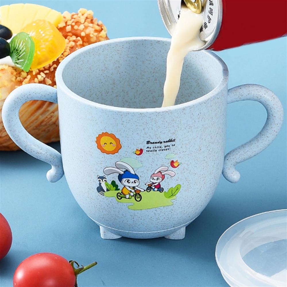 Bình Uống Nước Bằng Lúa Mạch 270ml Họa Tiết Hoạt Hình Dễ Thương Chống Rơi Kèm Nắp Cho Bé