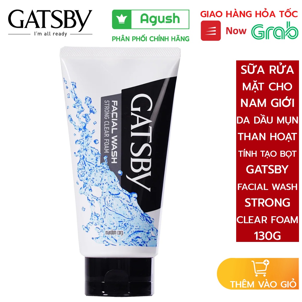 Sữa rửa mặt nam giới da dầu mụn chính hãng Gatsby Facial Wash Strong Clear Foam chai 130g than hoạt tính tạo bọt giá rẻ