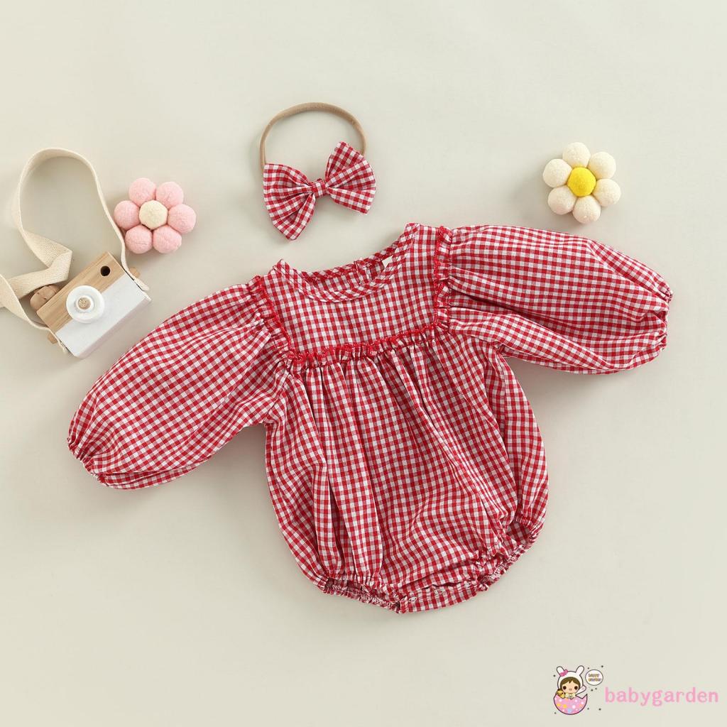 Áo Liền Quần Tay Dài Phồng Cổ Tròn Họa Tiết Sọc Caro Kèm Băng Đô Cài Tóc Thời Trang Mùa Thu Cho Bé Gái 0-18 Tháng Tuổi