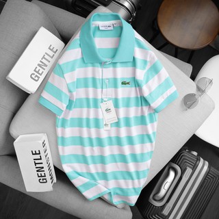 Áo thun polo Cá Sấu sọc ngang màu XANH NGỌC vải cotton The Men Show
