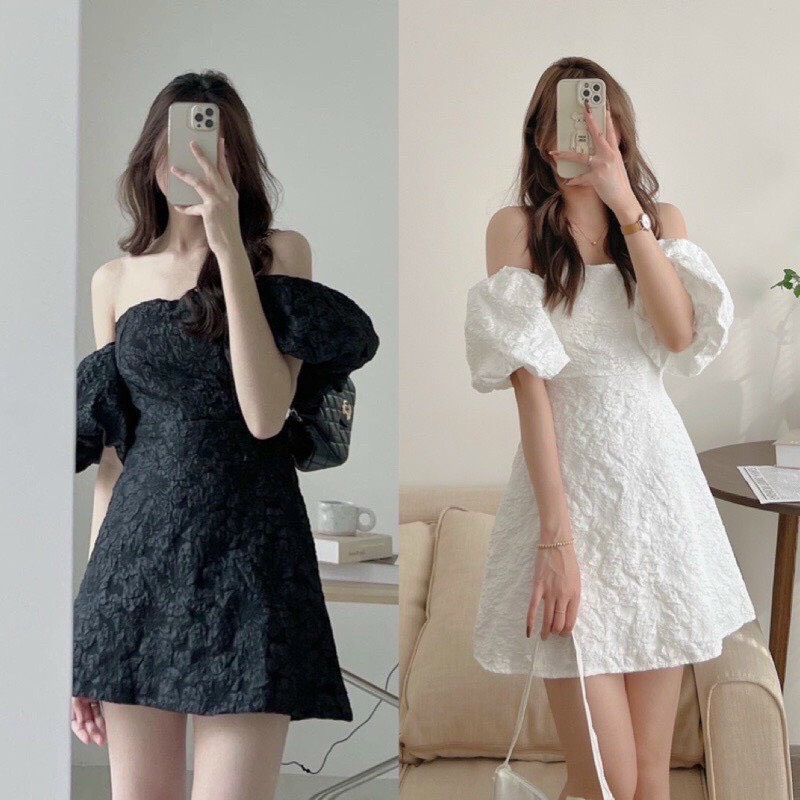 đầm gấm kiểu bệt vai tay bồng hot