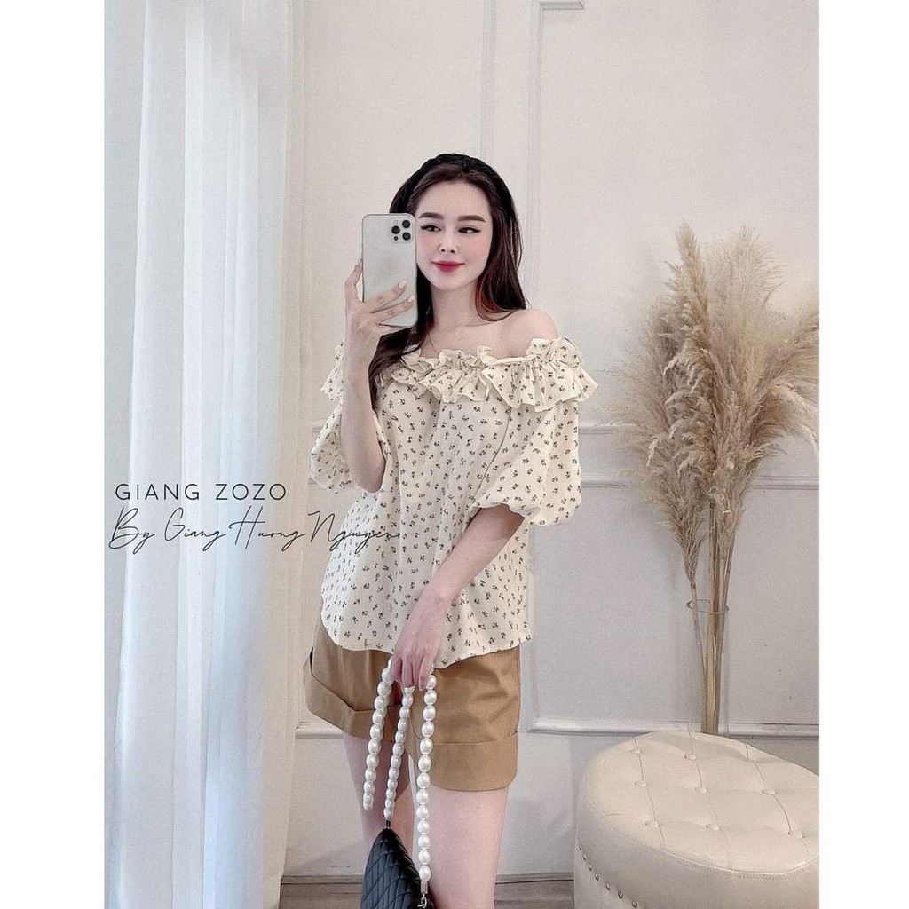 Sét đồ nữ, bộ đồ áo hoa Nhí trễ vai kèm quần kaki chun sau siêu chất kiểu dáng basic vintage