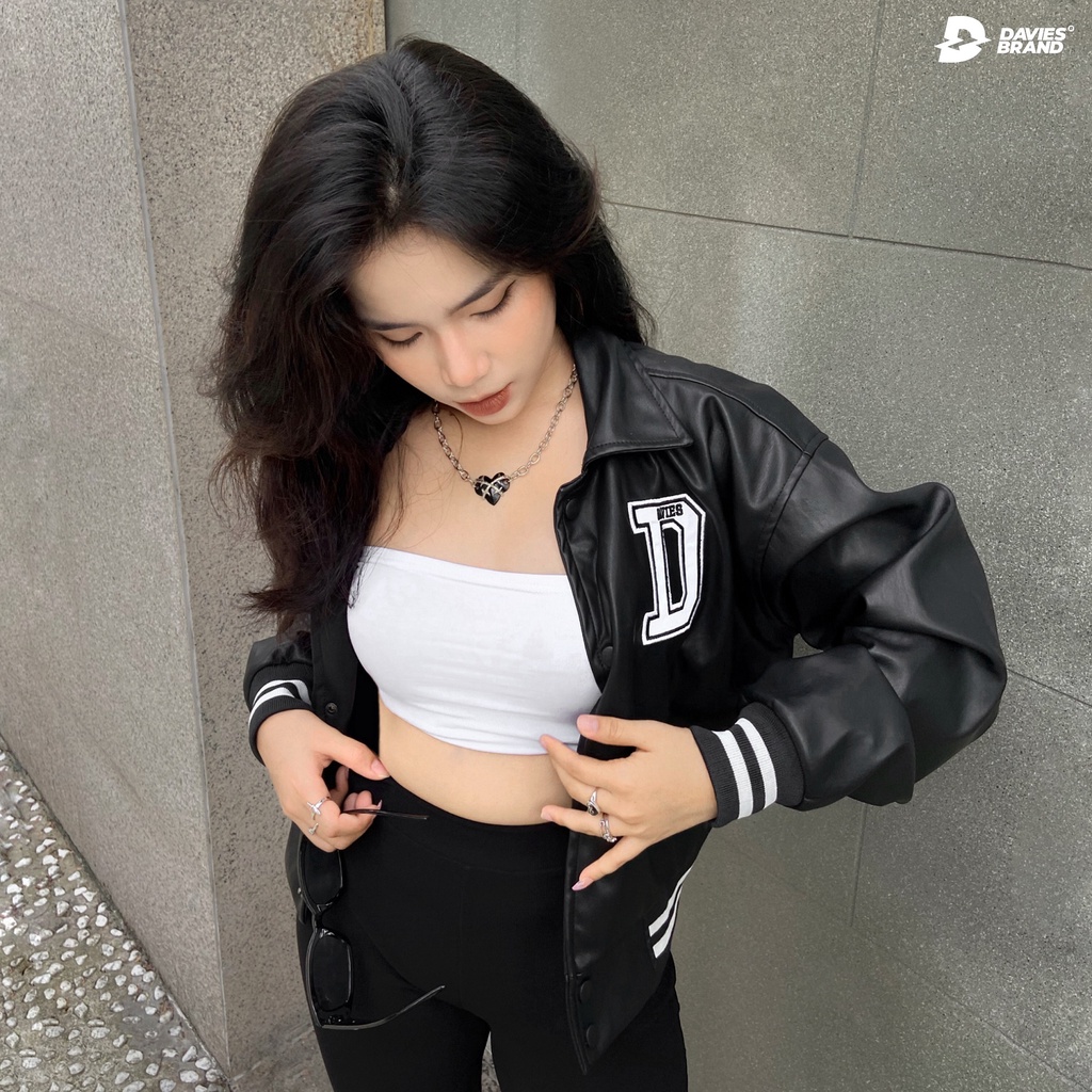 Áo khoác da nữ dáng ngắn local brand Davies Leather Cropped Varsity Jacket