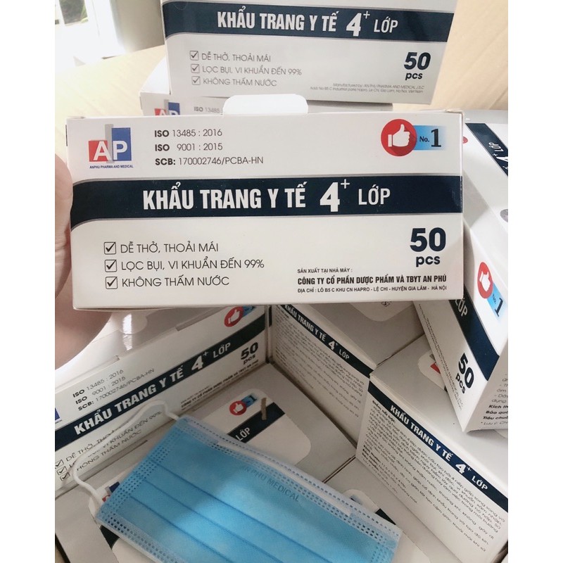 Khẩu trang y tế hộp 50 pcs tiêu chuẩn TCCS - Khẩu trang y tế 4 lớp lọc bụi vi khuẩn 99%, Khẩu trang an toàn k thấm nước