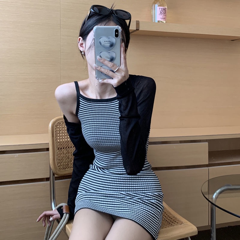 COZOK Set Đầm Sát Nách Kẻ Sọc Và Áo Khoác Cardigan Thời Trang Trẻ Trung