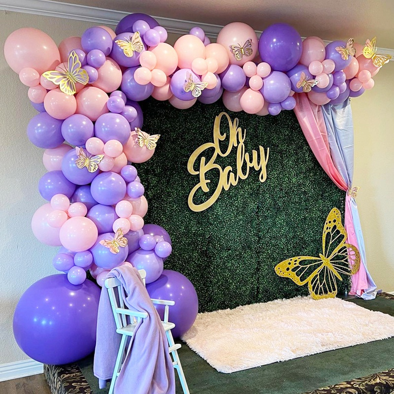 1 Set Bong Bóng Trang Trí Tiệc Sinh Nhật Màu Hồng/Tím/Vàng Hồng Họa Tiết Bươm Bướm Dễ Thương