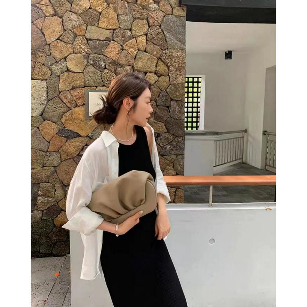 Đầm Ôm Dệt Kim Cổ Tròn Xẻ Tà Màu Trơn Thời Trang Mùa Hè Hàng Mới Dành Cho Bạn Nữ