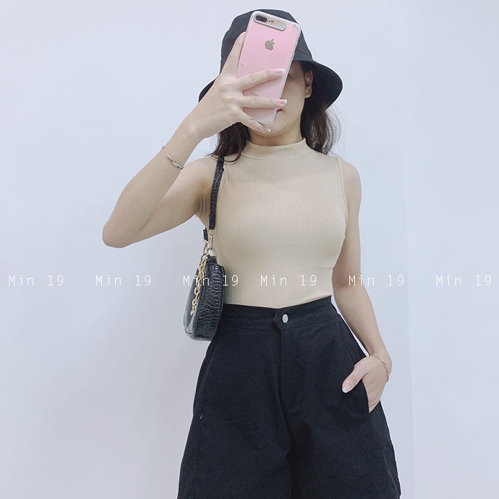 Áo ba lỗ nữ MIN19 áo sát nách croptop form rộng bigsize cổ cao dáng ôm body thể thao chất thun tăm màu trắng đen be nâu | BigBuy360 - bigbuy360.vn