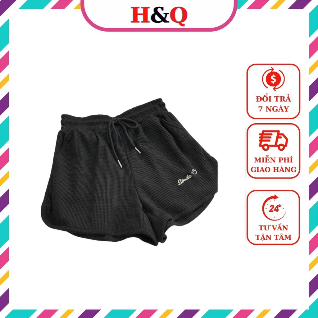 Quần đùi nữ mặc nhà, quần short thun nữ thêu chữ Smile ống rộng thể thao, tập gym, đi ngủ - Huyền Quang