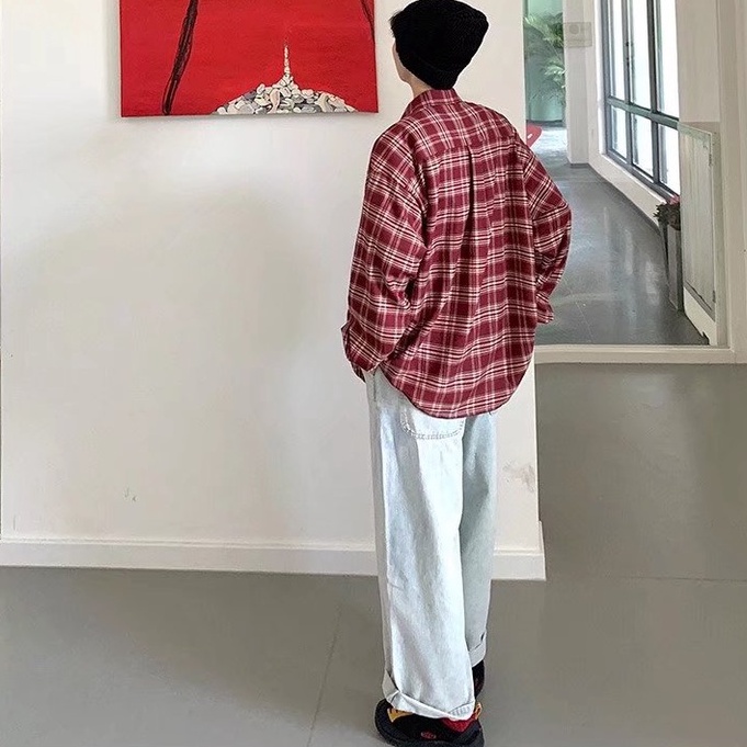 ♞AFF LIGA♞ Áo Sơ Mi Caro Tay Dài Phong Cách Vintage Thời Trang Cho Nam