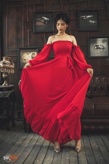 ĐẦM MAXI ĐỎ BẸT VAI (KÈM HÌNH THẬT)