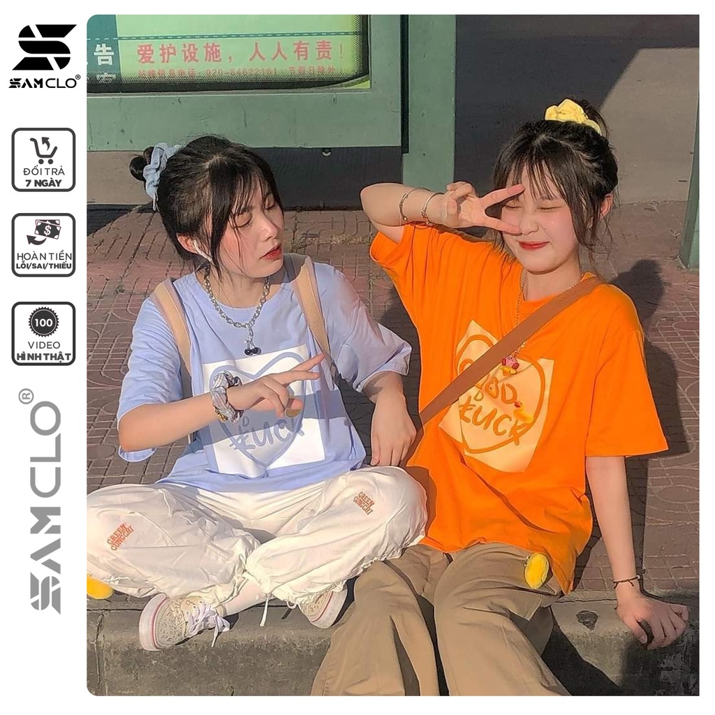 Áo thun nữ tay lỡ SAM CLO freesize phông form rộng dáng Unisex, mặc lớp, nhóm, couple hình TRÁI TIM chữ GOOD LUCK