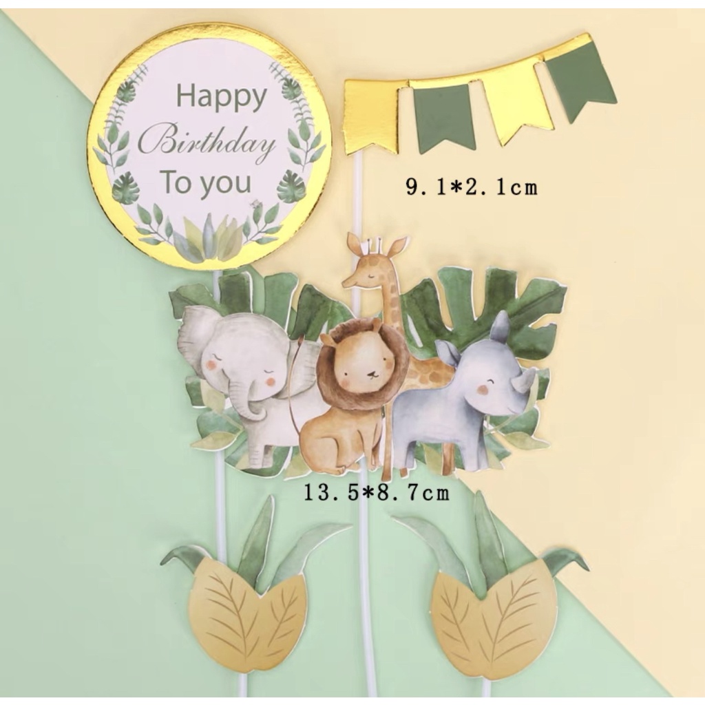 Set 5 que cắm thú HPBD tròn + cờ neo_Phụ kiện trang trí bánh