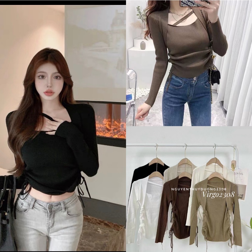 (HÀNG SẴN)ÁO LEN DÂY RÚT CẠNH CỔ VUÔNG CUTOUT LẠ MẮT MÃ 2811