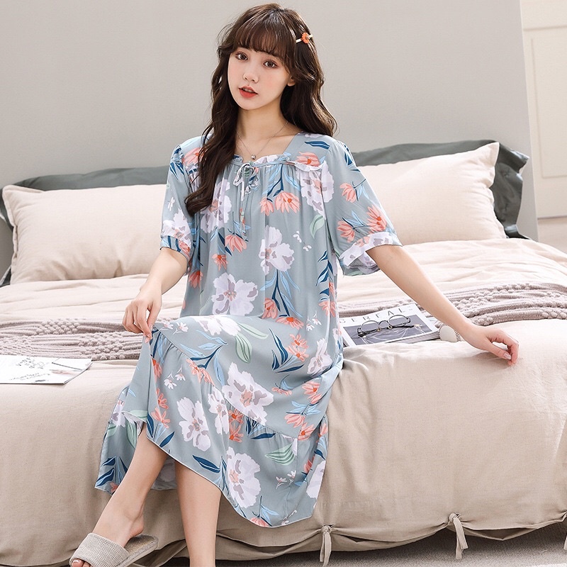 (Mới) Đầm ngủ, đầm lanh lụa freesize rộng siêu mềm mát, hoạ tiết trẻ trung