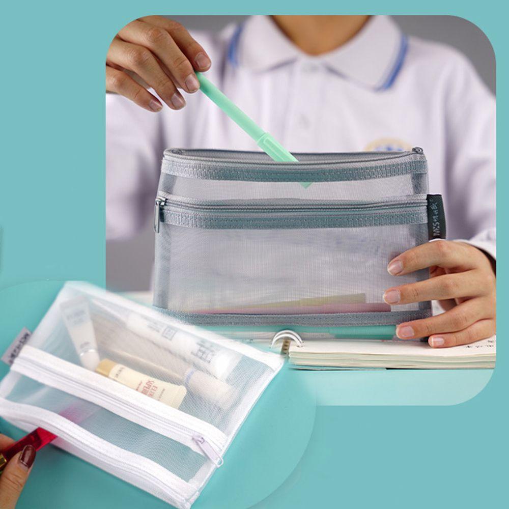 Túi Lưới Đựng Bút Trong Suốt Hai Ngăn Có Khóa Kéo Sức Chứa Lớn 1 Cái