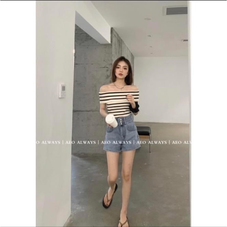 Áo kiểu ngắn nữ trễ vai len gân ôm sát body co dãn kẻ sọc ngang - Order taobao quảng châu