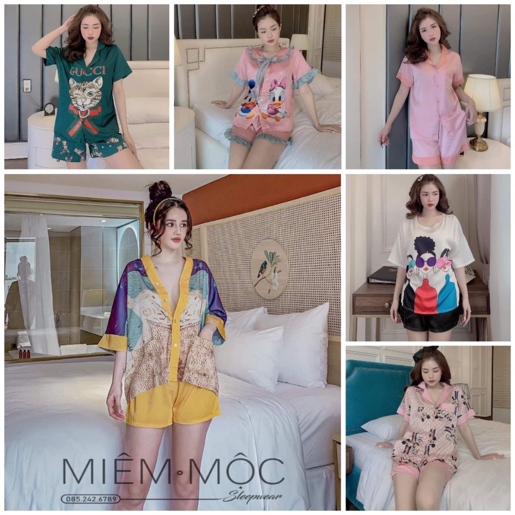 Đồ ngủ Vic's tay ngắn quần cộc lụa satin - Bộ đồ mặc nhà kiểu pijama hoạt tiết sang trọng L201