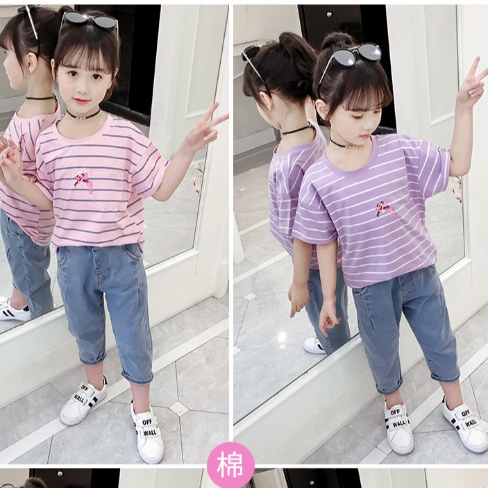 Áo phông kẻ phối túi thêu báo hồng siêu đẹp dành cho bé gái lớn