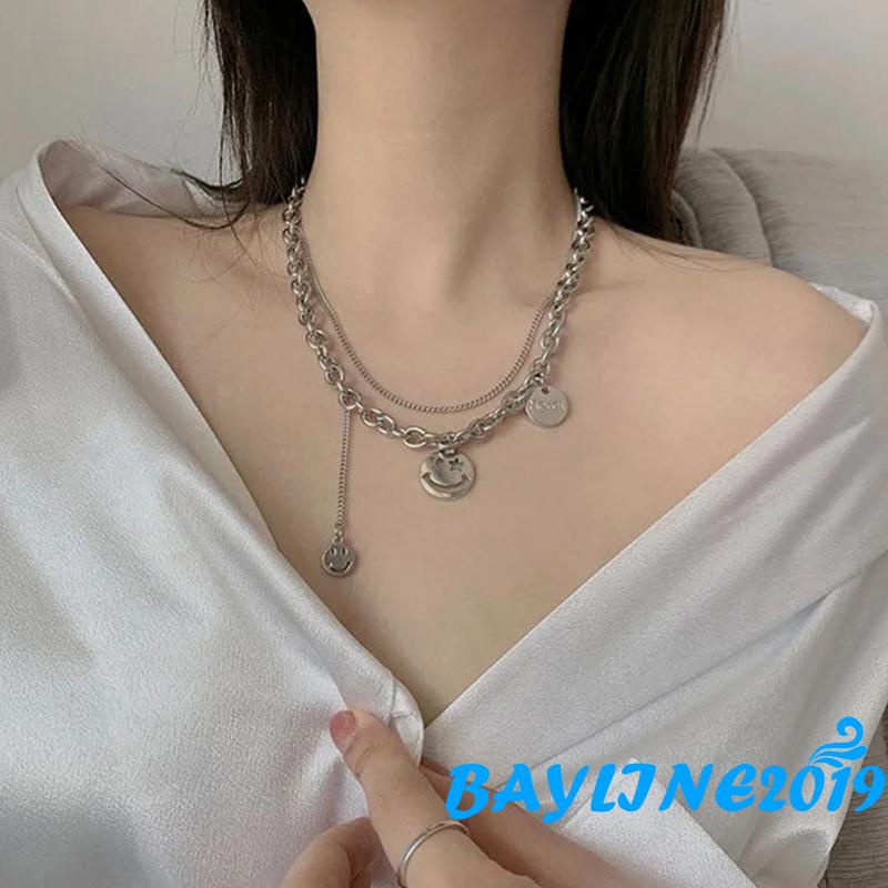 Bay-Women Layered Jewelry, Alloy Smile Face Charm Chain Necklace for Ladies, Gift for Girlfriend and Mother, Silver
