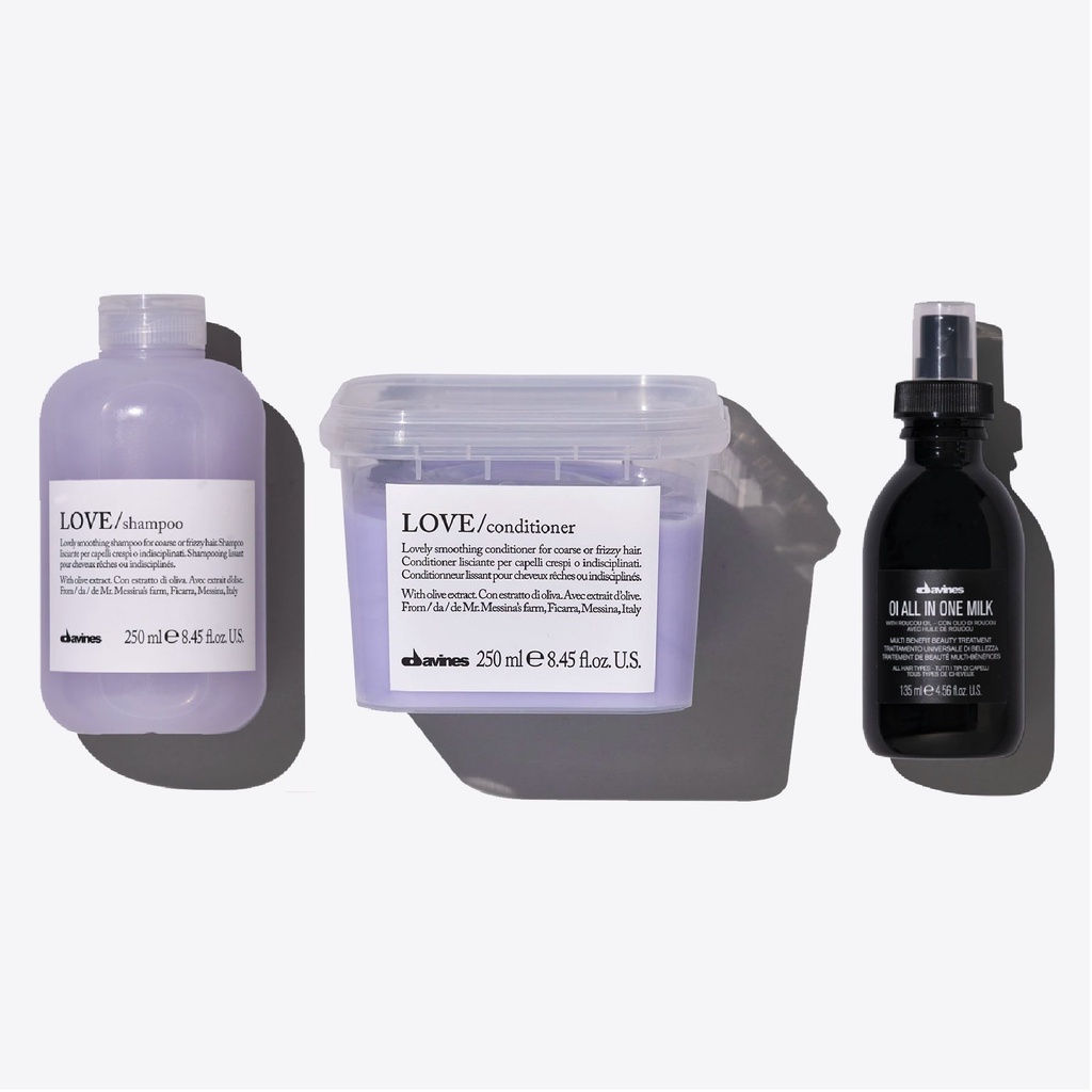 Combo dầu gội xả và xịt dưỡng làm thẳng mượt cho tóc thô xơ rối Davines Love Smoothing 250mlx2/135ml